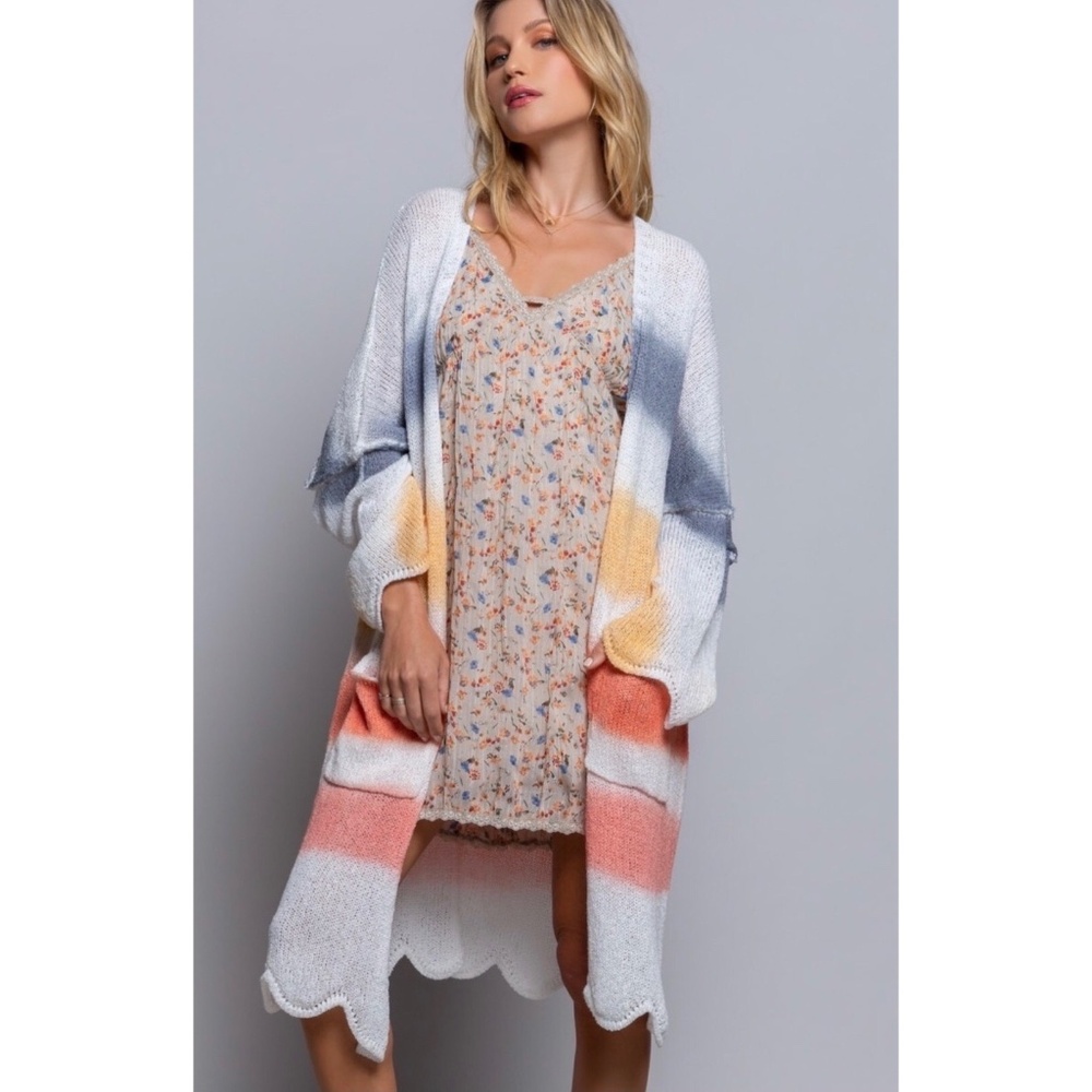 POL Off White Multi Stripe LightweightTransitional Knit Midi Cardigan - Picture 5 of 5